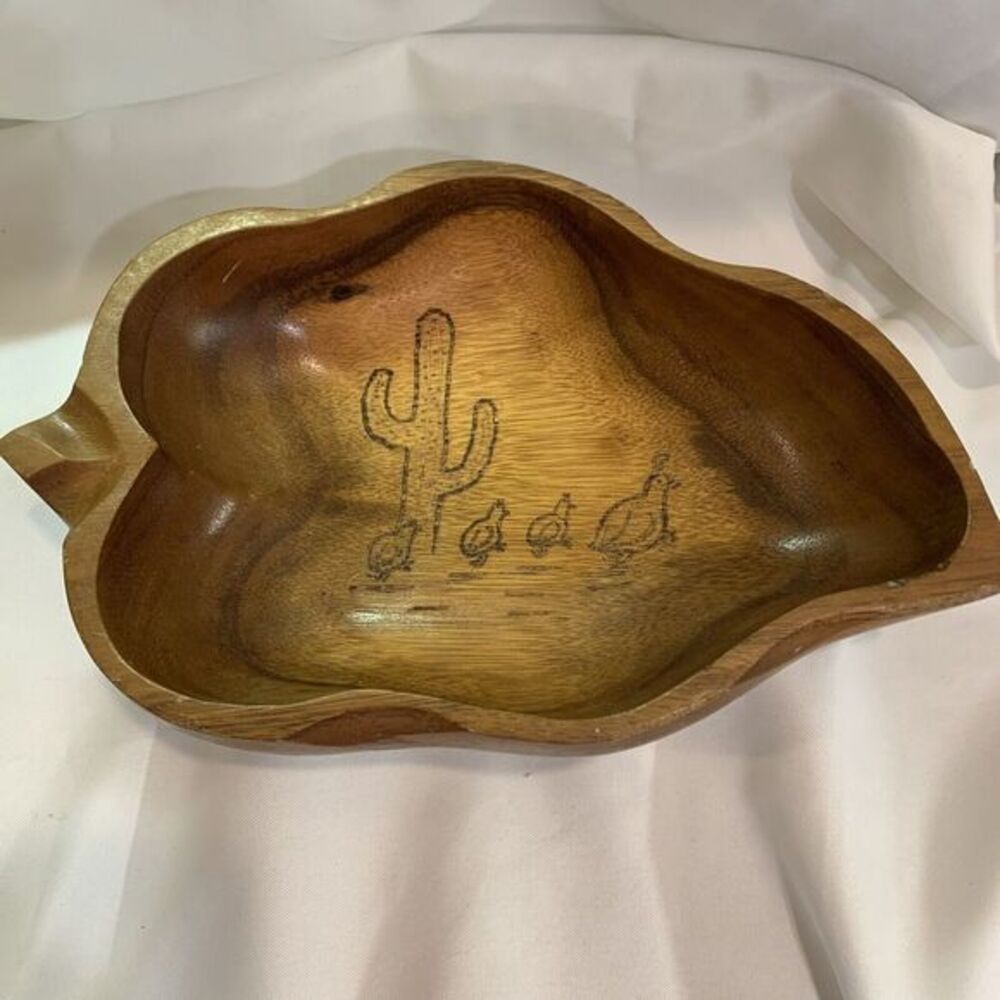Leaf Shaped Divided Wooden Serving Dish Bowl Tray 13" Monkey Pod Cactus Birds
